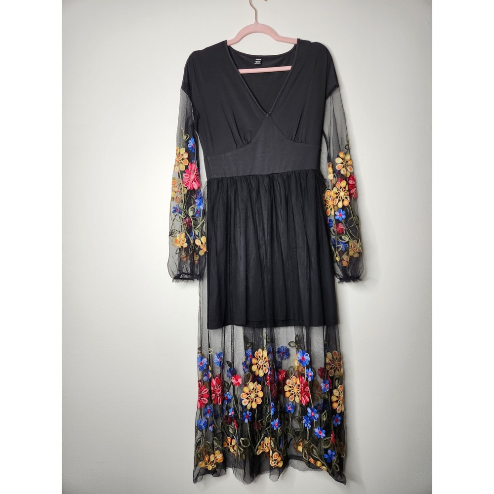 Shein Black Floral Embroidered Mesh‎ Maxi Dress Grunge Dark Fairy Size Medium